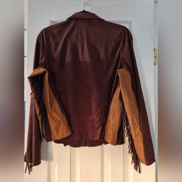 Vintage Vixen Brown Faux Suede Fringe Western Zip Jacket L Cowgirl Boho Fedtival - Picture 3 of 10